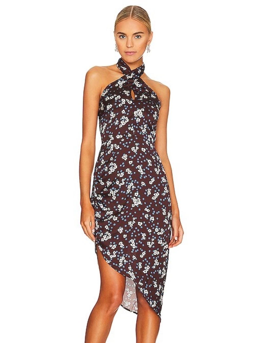 NWT Heartloom Sz M Miyako Brown Floral Cottage Satin Halter Midi Dress